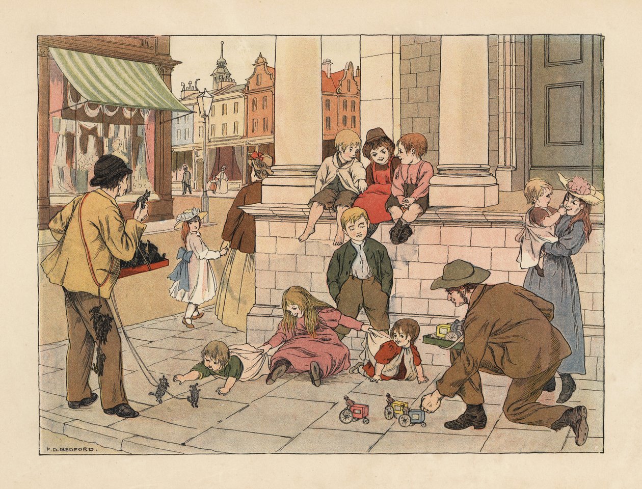 Victorianske kantstenshandlere sælger penny-legetøj til børn i en gade i London. Kromolitografi efter en illustration af Francis Donkin Bedford fra Edward Verrall Lucas