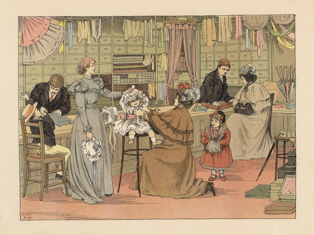 Victorianske mødre og børn prøver huer hos modisten. Kromolitografi efter en illustration af Francis Donkin Bedford fra Edward Verrall Lucas