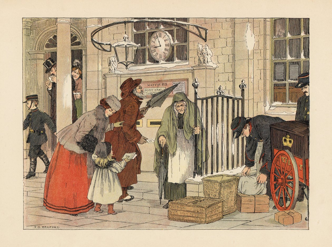 Victorianske mennesker poster breve nær juledag på posthuset. Kromolitografi efter en illustration af Francis Donkin Bedford fra Edward Verrall Lucas