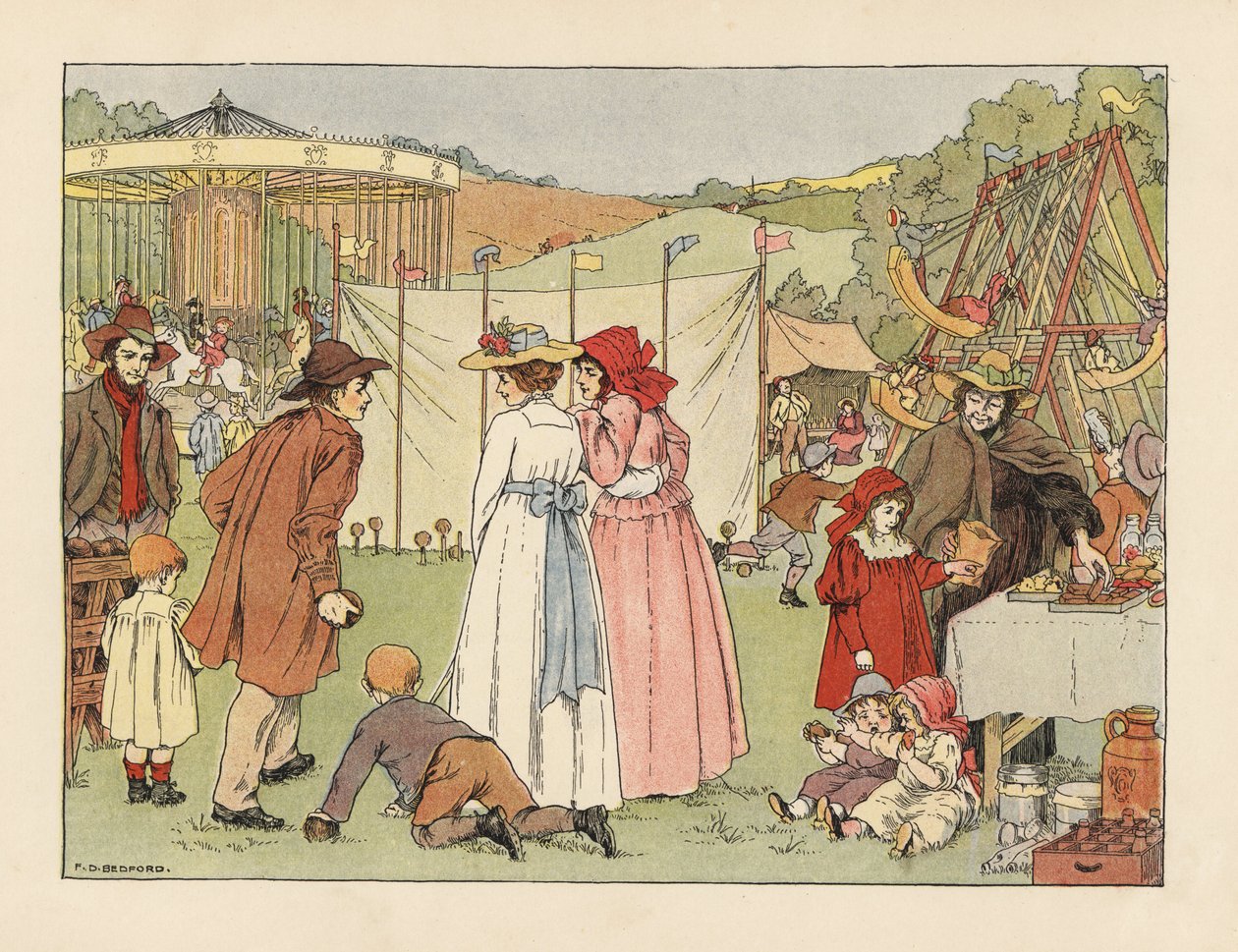 Victorianske unge ved en kokosnød, børn på gynger og karrusel ved et landsbymarked. Kromolitografi efter en illustration af Francis Donkin Bedford fra Edward Verrall Lucas