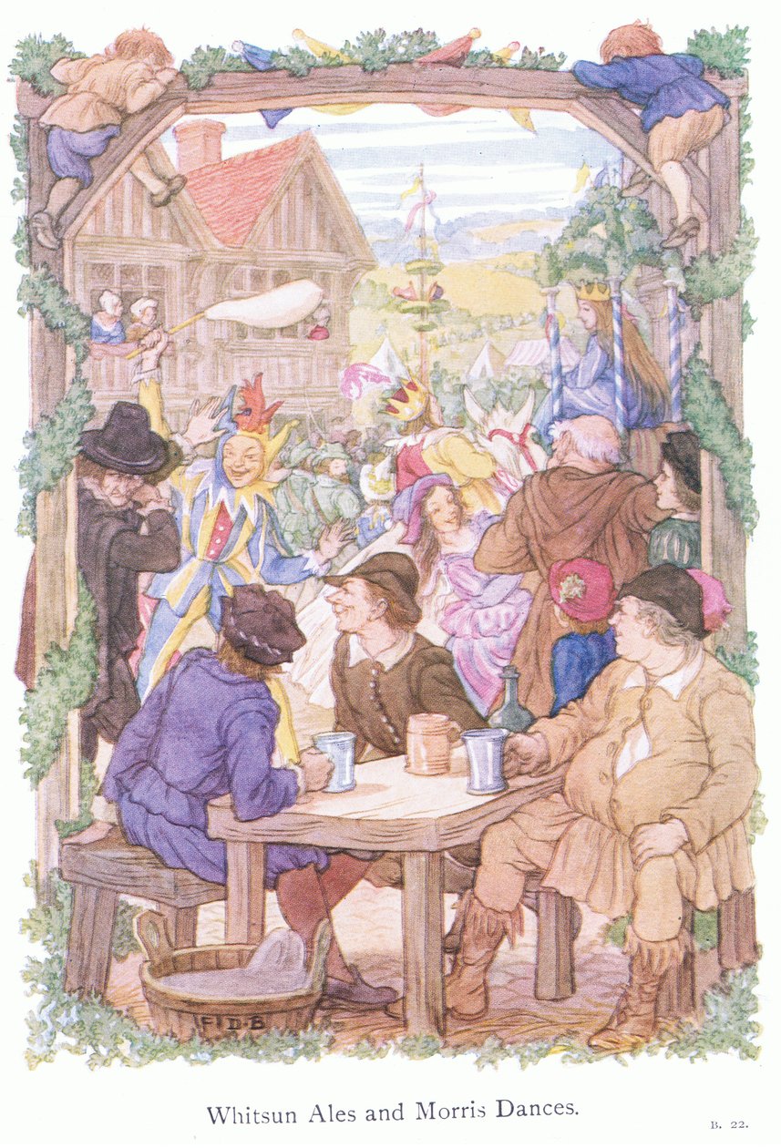 Pinseøl og Morris-dansere (farvelitografi) af Francis Donkin Bedford