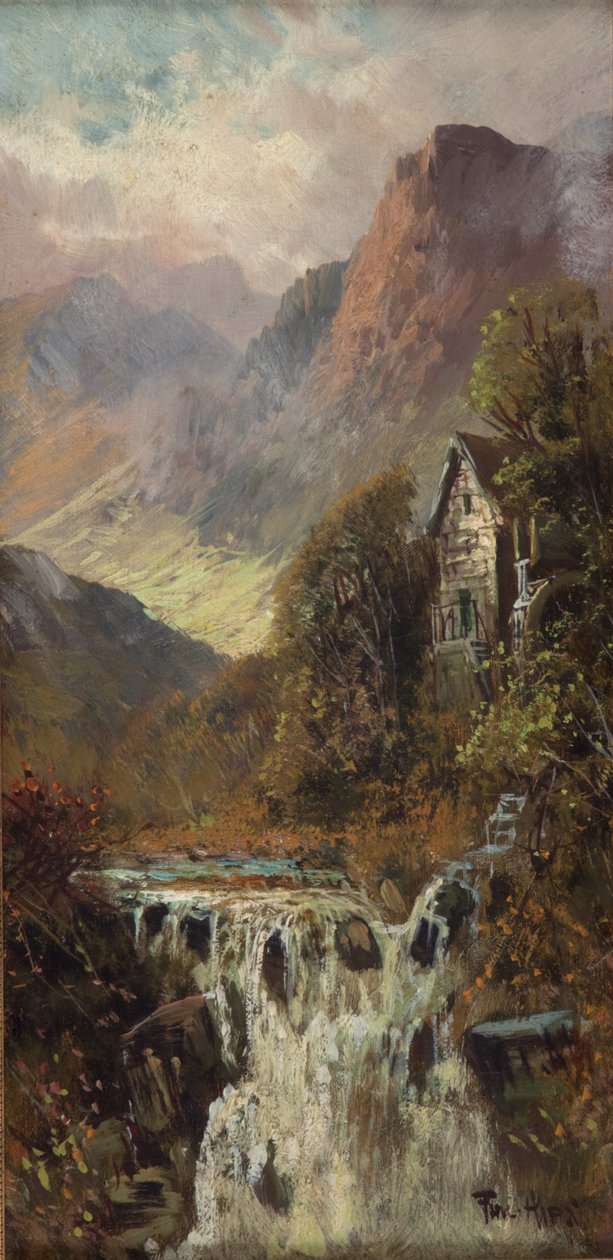 Mølle, vandfald og bjerg, Bodhyfryd (olie på plade) af Francis E. Jamieson