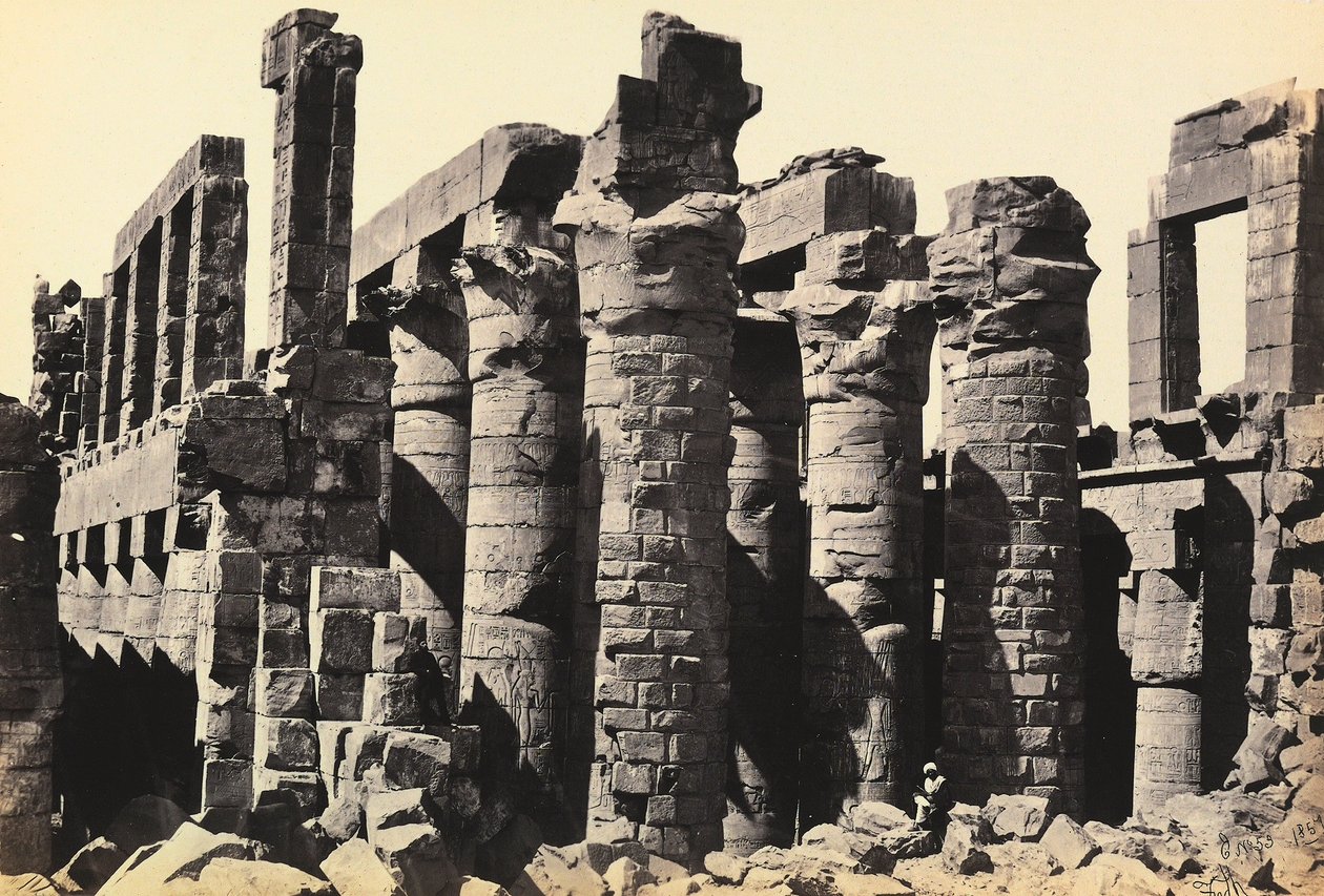 "Egypten og Palæstina": ruinerne af den store hypostilhal i Amon-Ras store tempel, Karnak, Egypten af Francis Frith