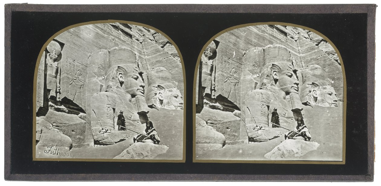 Udsigt over facaden på det store klippetempel i Abu Simbel i Nubien af Francis Frith