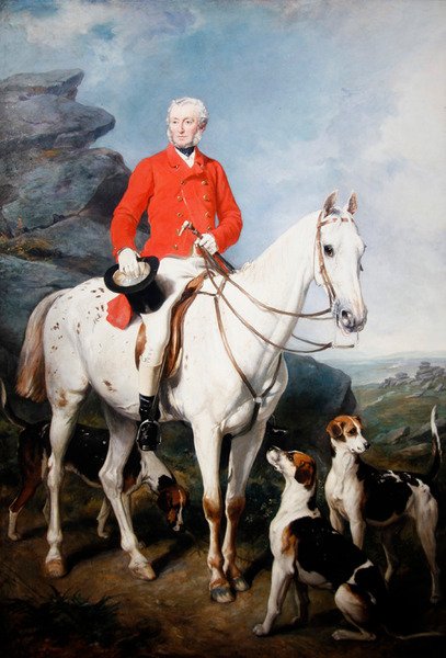 Portræt af Charles Trelawny, Esq., Master of the Dartmoor Hunt, på hans yndlingsjæger Grimaldi, med hundene Conqueror, Lounger og Windermere af Francis Grant