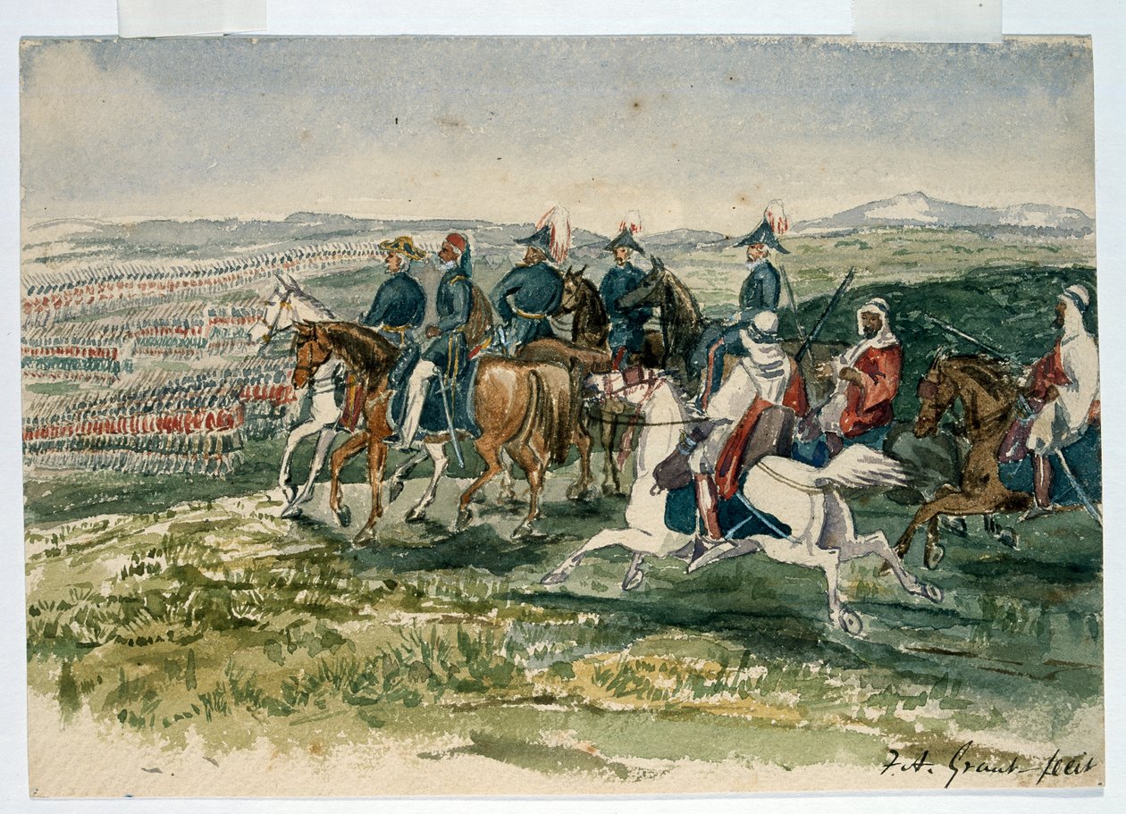 Garderne og højlænderne modtaget af Omar Pasha og marskal St Arnaud under kommando af hertugen af Cambridge ved Aladyn, 6. juli 1854 af Francis Grant