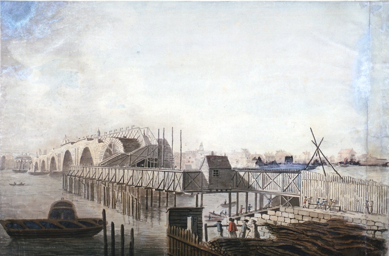 Udsigt over den midlertidige bro ved Blackfriars, London, 1762 af Francis Grose