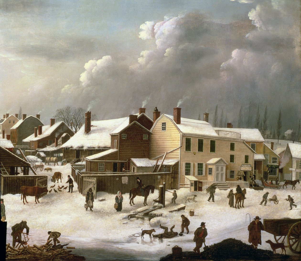 Vinterscene i Brooklyn, detalje af en gade og postkontoret, ca. 1817-20 (detalje af 84498) af Francis Guy