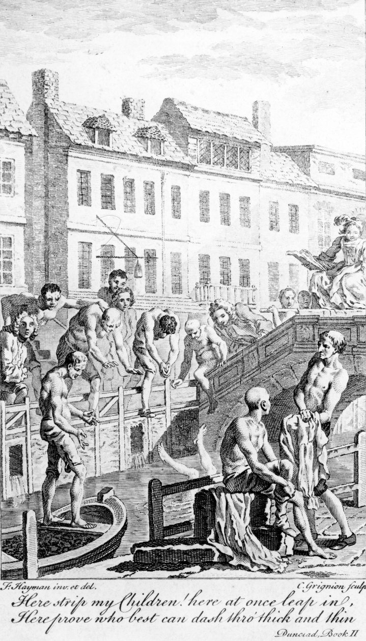 Badning i floden Fleet, med et citat fra Alexander Popes "Dunciad", graveret af Charles Grignion, ca. 1750 af Francis Hayman