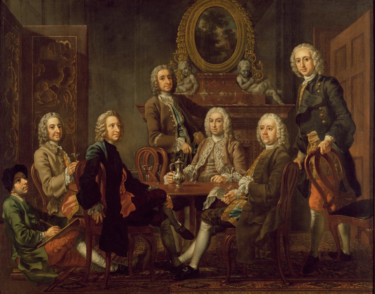 Portræt af en gruppe herrer med kunstneren, ca. 1745 (olie på lærred) af Francis Hayman