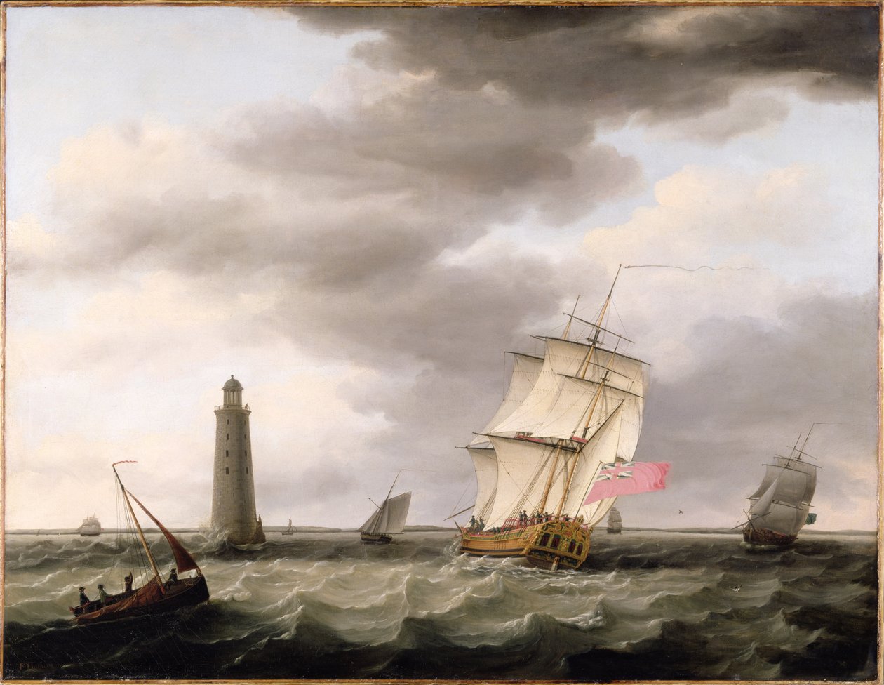 En krigsmand passerer Eddystone Fyrtårn, ca. 1773 af Francis Holman