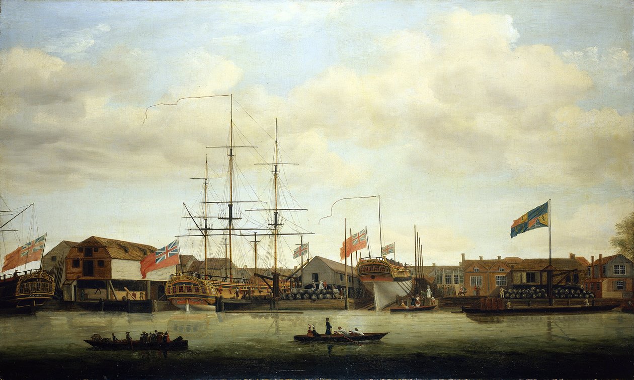 Et lille skibsværft ved Themsen (England) med to både under konstruktion. Olie på lærred af Francis Holman