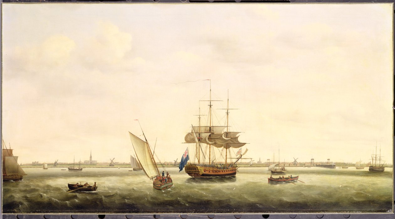 Fregatten "Surprise" for anker ud for Great Yarmouth, Norfolk, ca. 1775 af Francis Holman