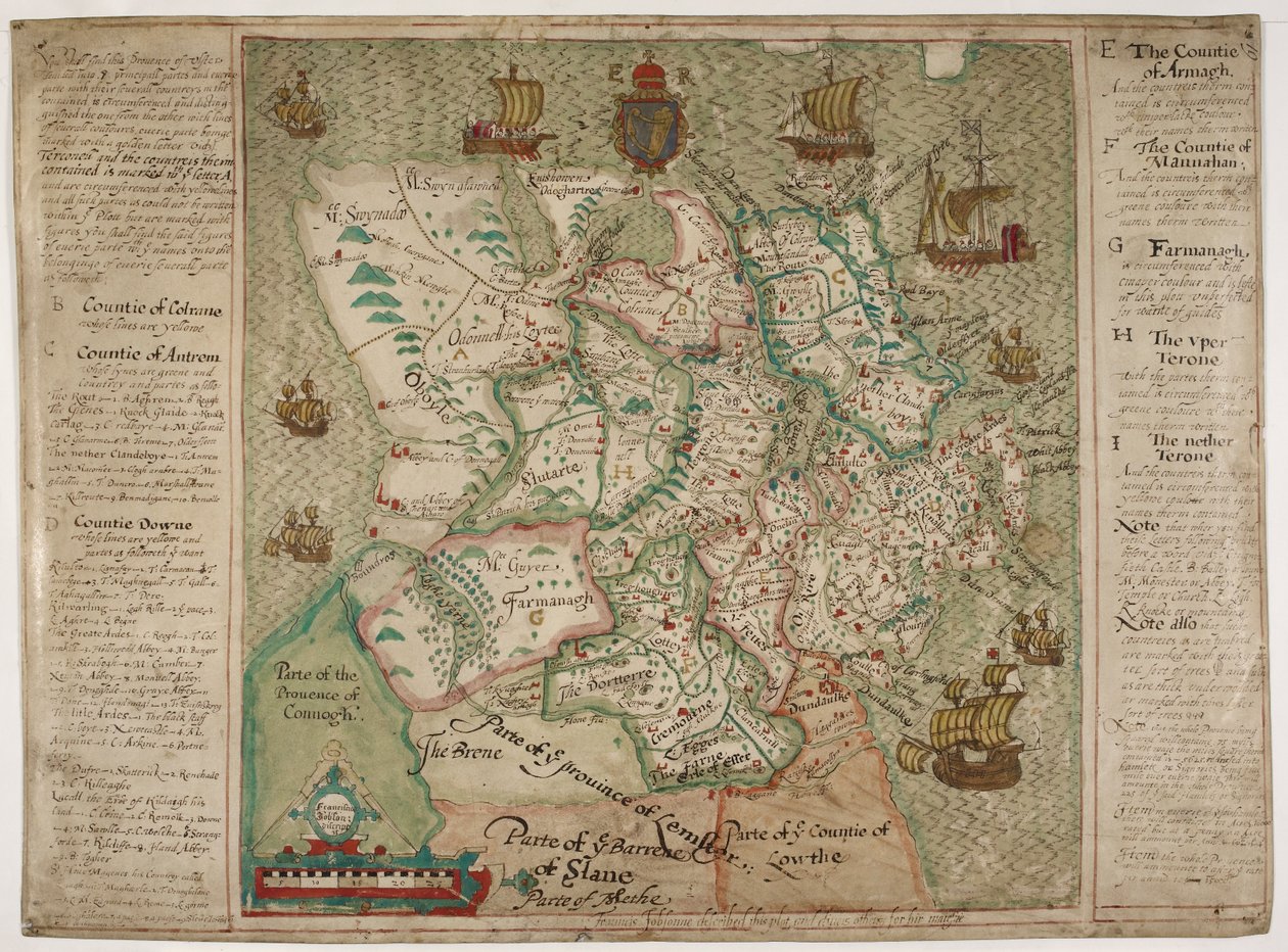 Kort over Ulster (pen og blæk med vask på papir) af Francis Jobson