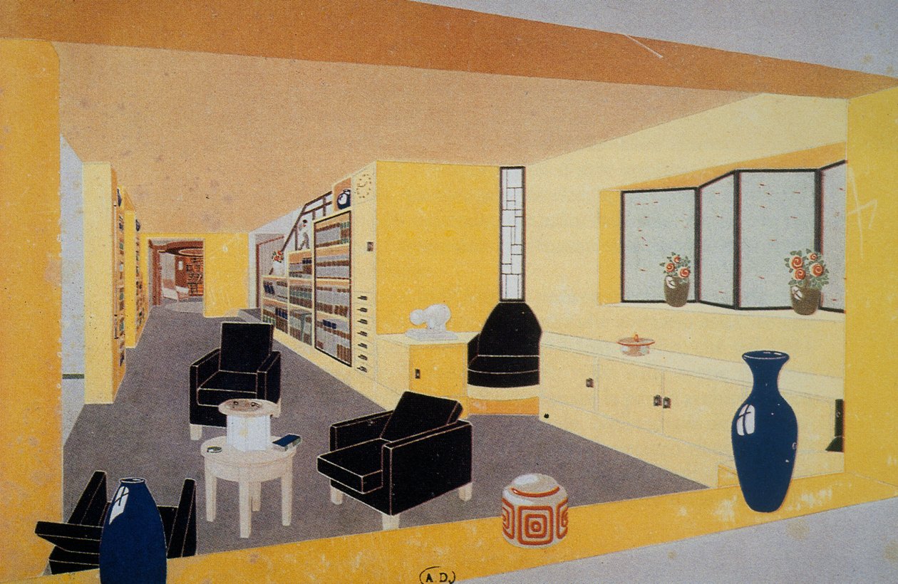 Perspective Fumoir for Amdassade Francoise, af Francis Jourdain (1876-1958), præsenteret på den internationale udstilling for dekorativ kunst i Paris i 1925, Frankrig, 20. århundrede af Francis Jourdain