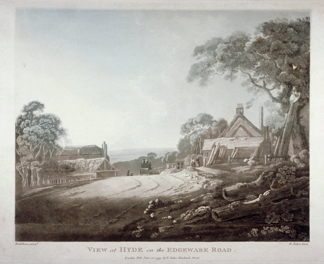 En hestevogn, der forsvinder over en bakke på Edgware Road, London, 1799 af Francis Jukes