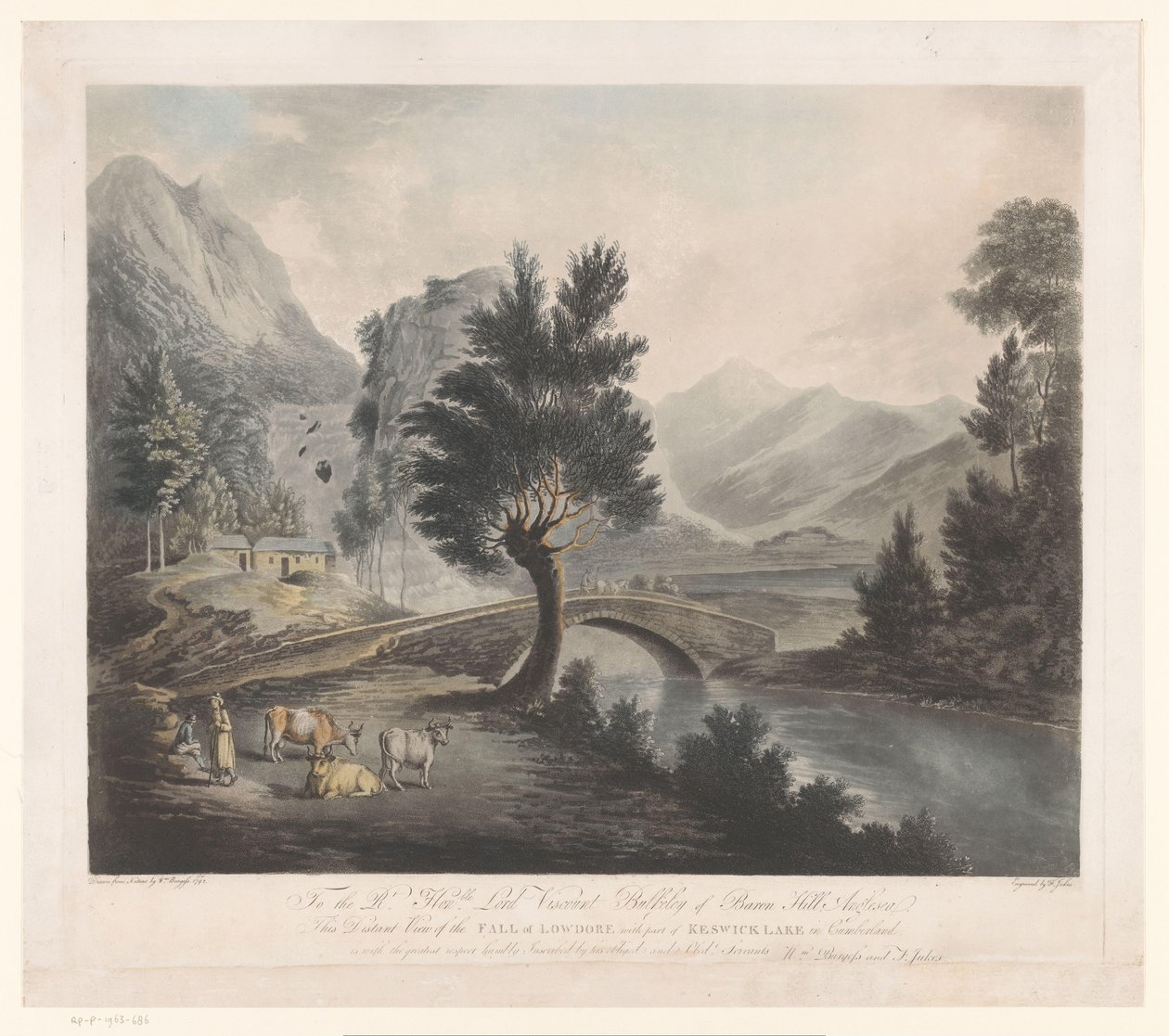 Udsigt over Lake Keswick med Lodore Falls Fjernsyn over Lowdores fald med en del af Keswick Lake i Cumberland (titel på objektet) af Francis Jukes