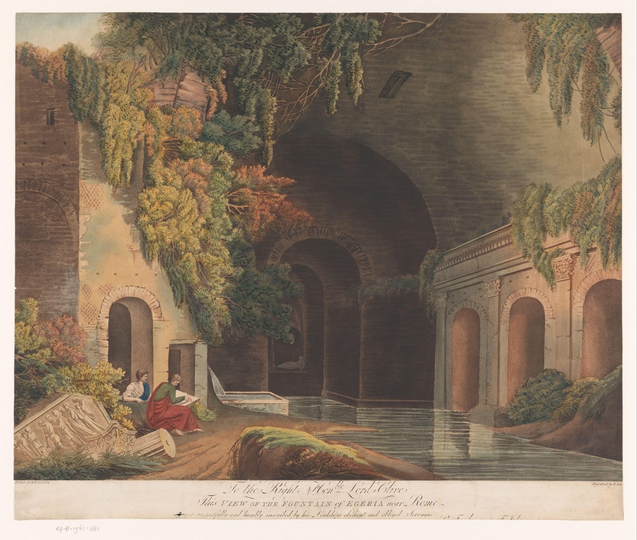 To kunstnere ved Nymphaeum of Egeria i Caffarella Park nær Rom Udsigt over Egeria-fontænen nær Rom (titel på objektet) af Francis Jukes