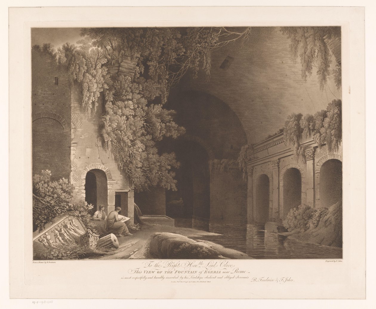 To kunstnere ved Nymphaeum of Egeria i Caffarella Park nær Rom Udsigt over Egeria-fontænen nær Rom (titel på objektet) af Francis Jukes