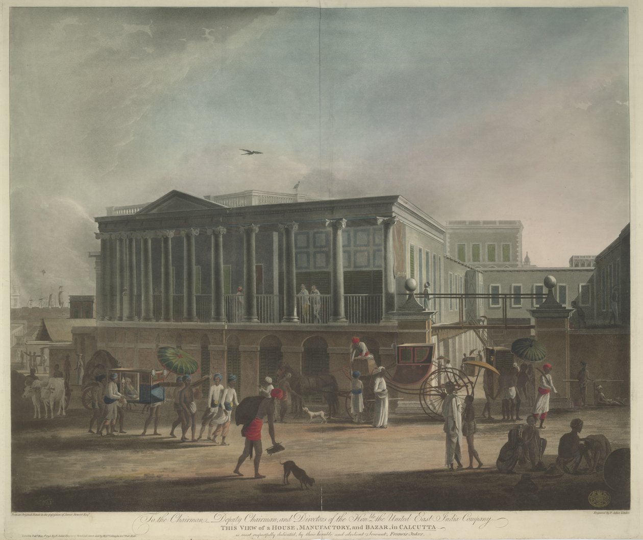 Udsigt over et hus, en fabrikk og en basar i Calcutta af Francis Jukes