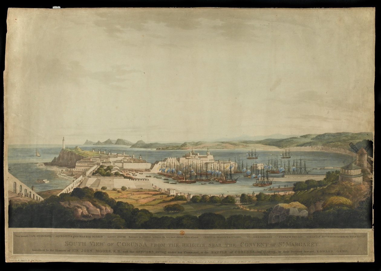 South View of Corunna from the Heights near the Convent of St. Margaret, graveret af H. Merke, udgivet i 1809 (farvet akvatint) af Francis Lee