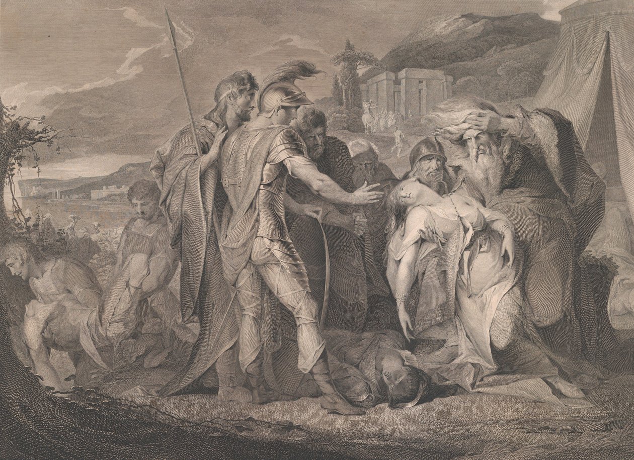 Kong Lear græder over Cordelia Shakespeares krop, King Lear, 5. akt, scene..., 1. august 1792. af Francis Legat