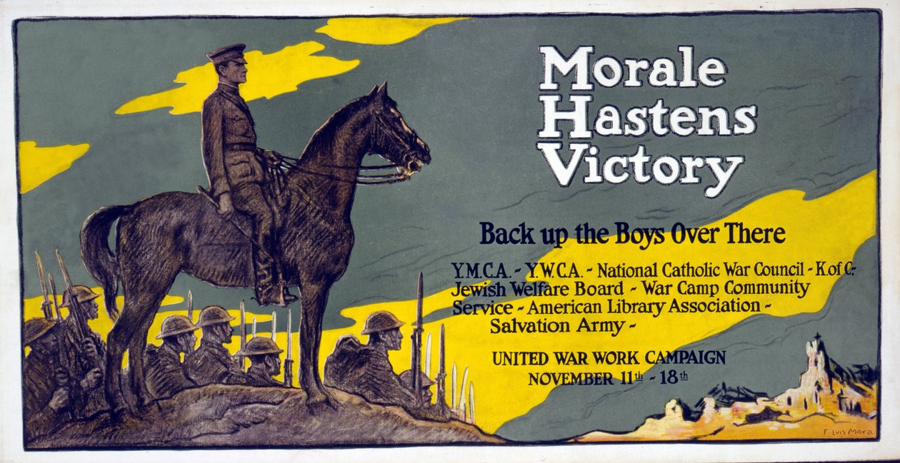 Moralen fremskynder Victory - Back up the Boys over there United War Work Campaign, 11. - 18. november, pub. 1918 af Francis Luis Mora