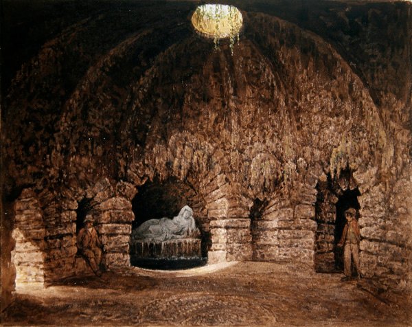 Grottens indre, Stourhead (akvarel på papir) af Francis Nicholson