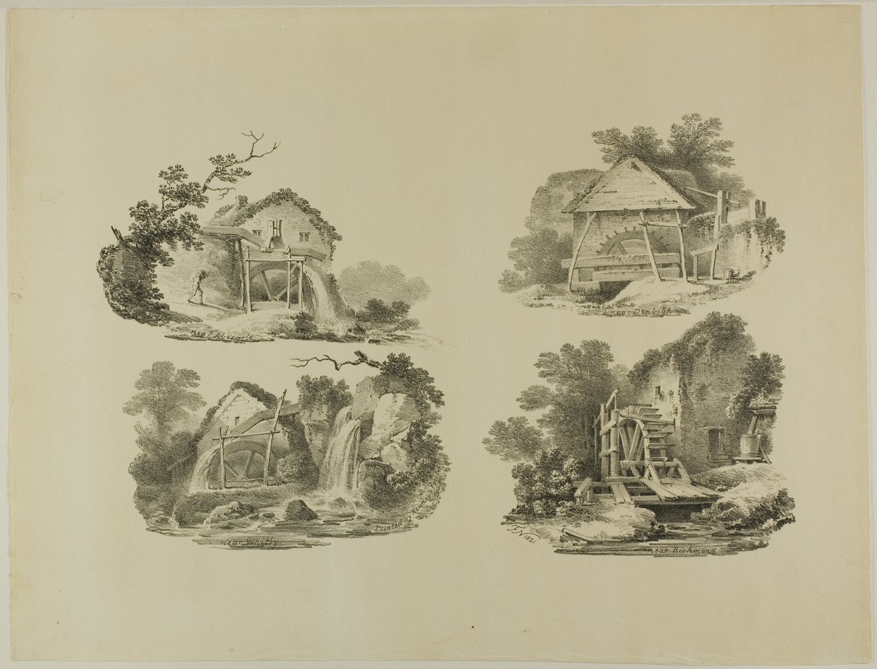 Møllehjul nær Abergele, Denbigh, Whitby, Richmond af Francis Nicholson