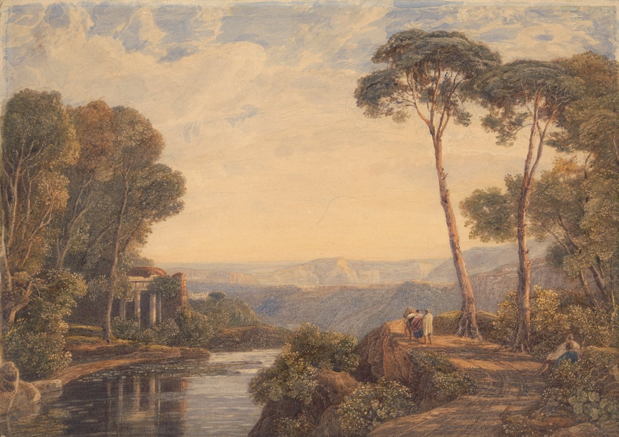 Landskab med et tempel og figurer ved en flod af Francis Oliver Finch