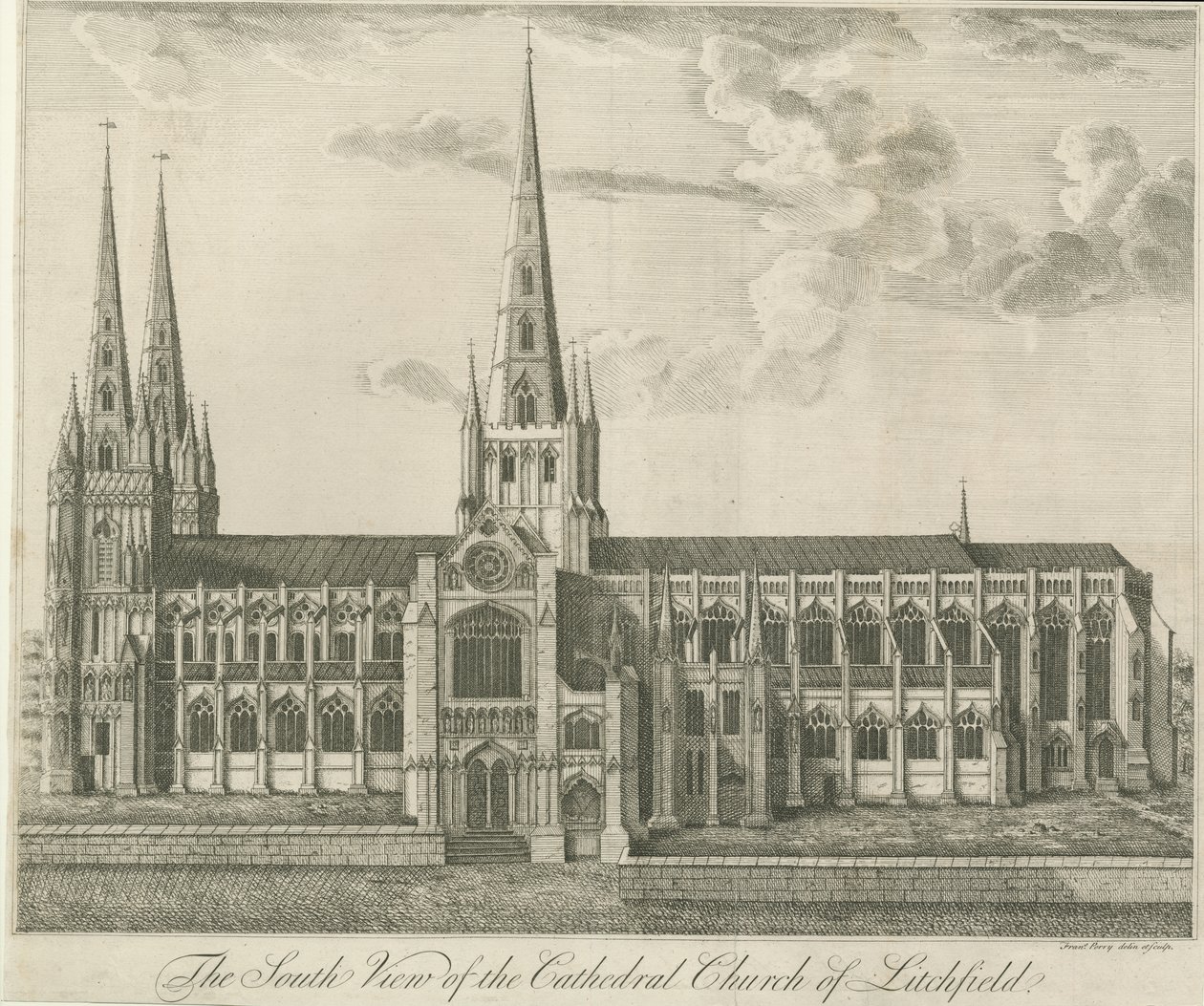 Lichfield Cathedral - South View: radering, og [1800-tallet] (tryk) af Francis Perry