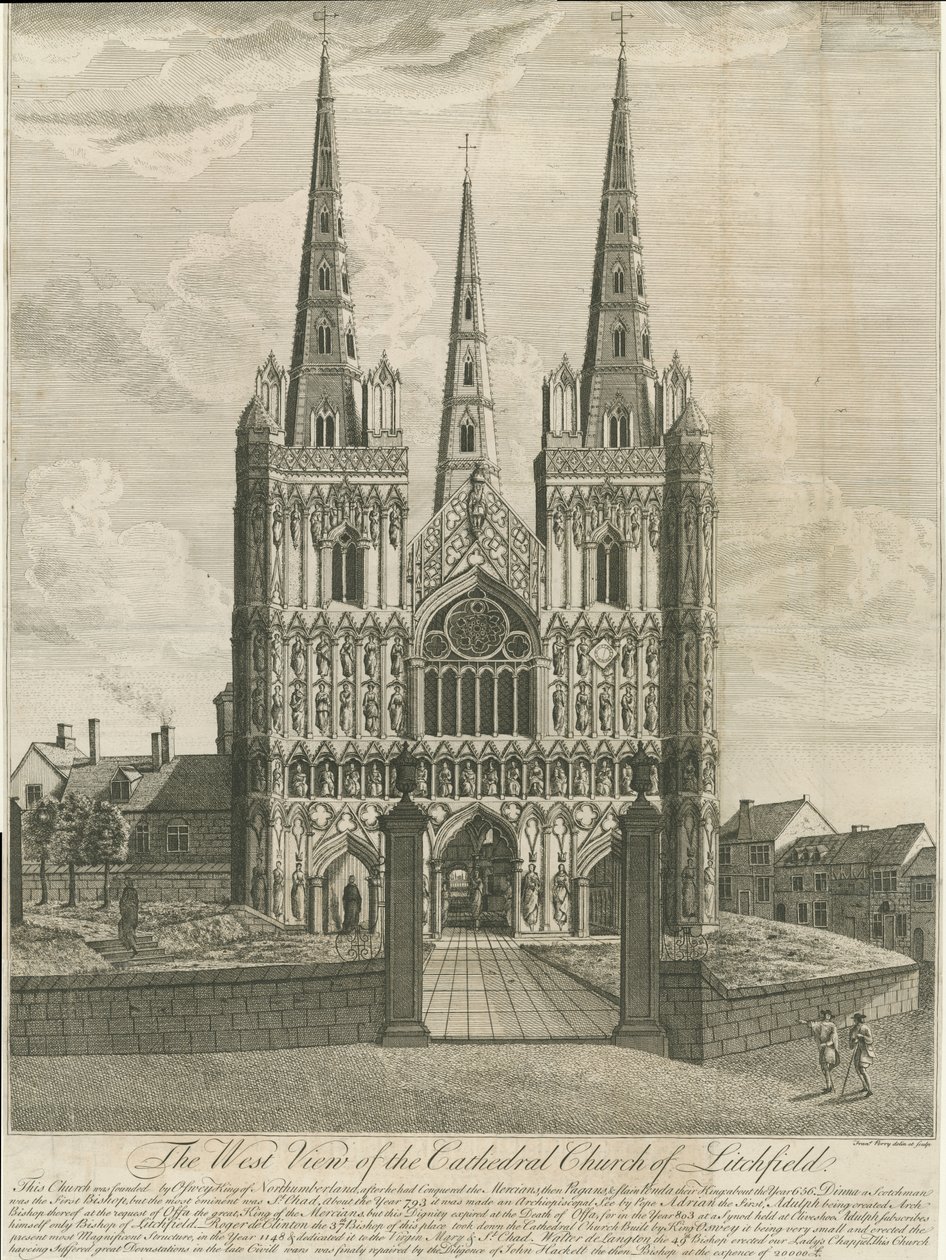 Lichfield Cathedral - West Front: gravering, og [1700-tallet] (tryk) af Francis Perry