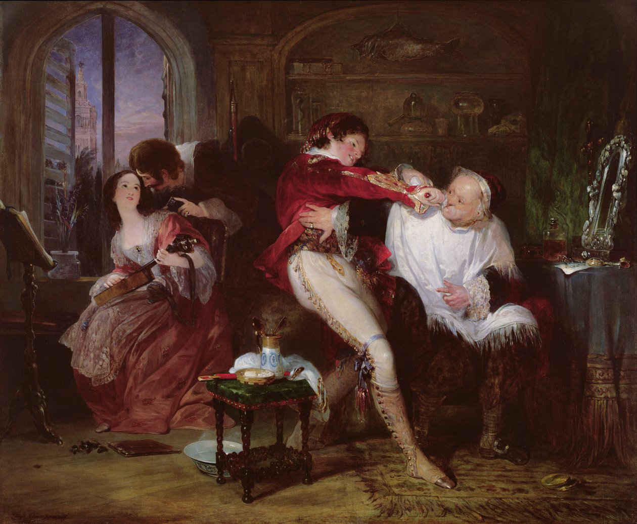 In the House of Dr. Bartolo, en scene fra Beaumarchais-komedie Barberen fra Sevilla, ca. 1834 af Francis Phillip Stephanoff