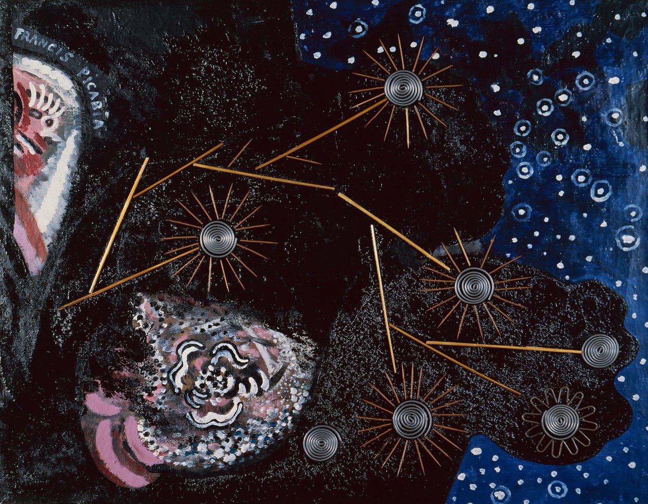 Flirt (ripolin, tandstikkere, sugerør, hæfteklammer og blytråd på lærred) af Francis Picabia