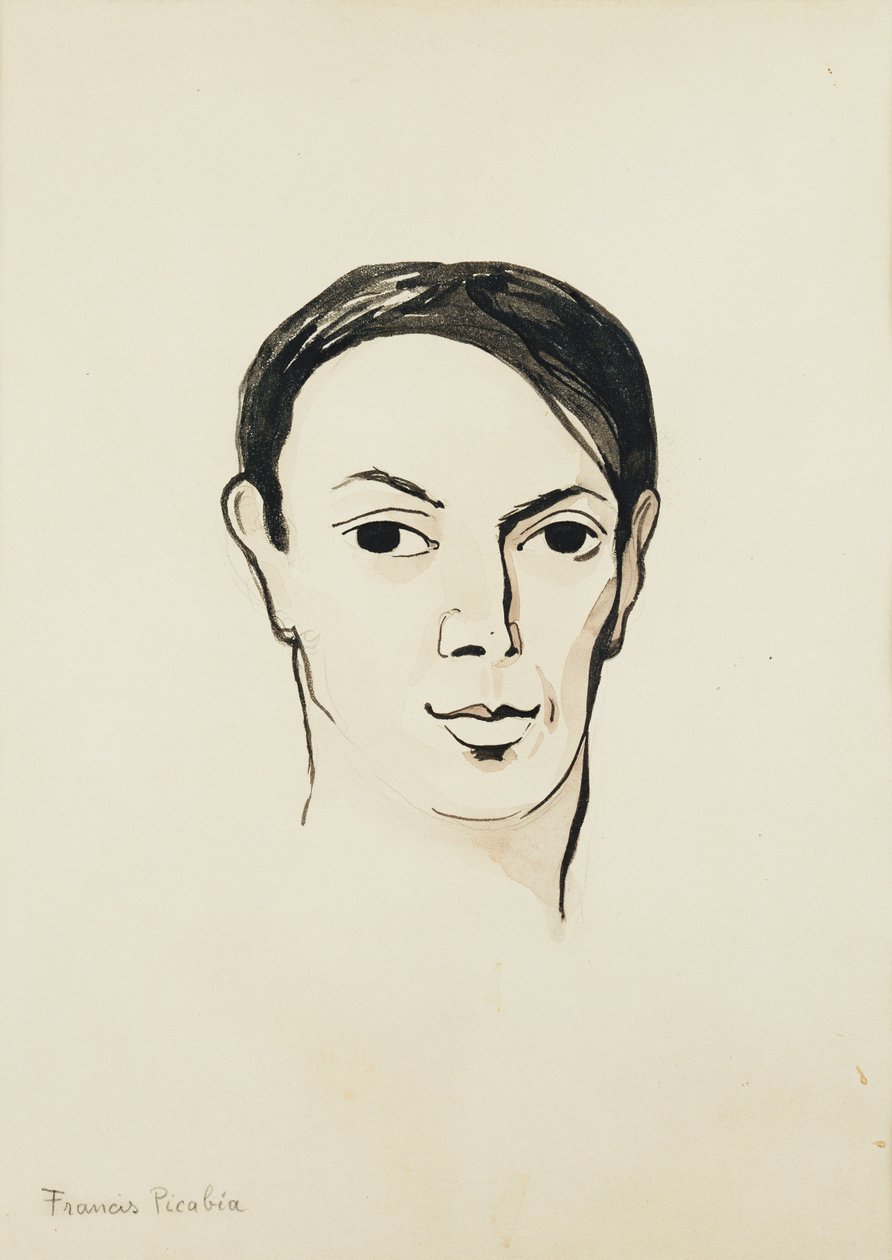 Portræt af Pablo Picasso; Portrait de Pablo Picasso, ca. 1902-1905 (akvarel, pensel og sort blæk og blyant på papir) af Francis Picabia