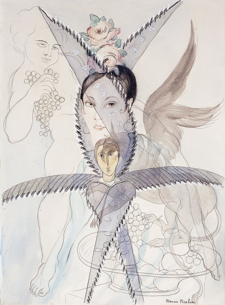 Transparence - Head and Winged Horse; Transparence - Tete et Cheval Aile, ca. 1928 (akvarel, gouache, sort kridt og blyant på papir) af Francis Picabia