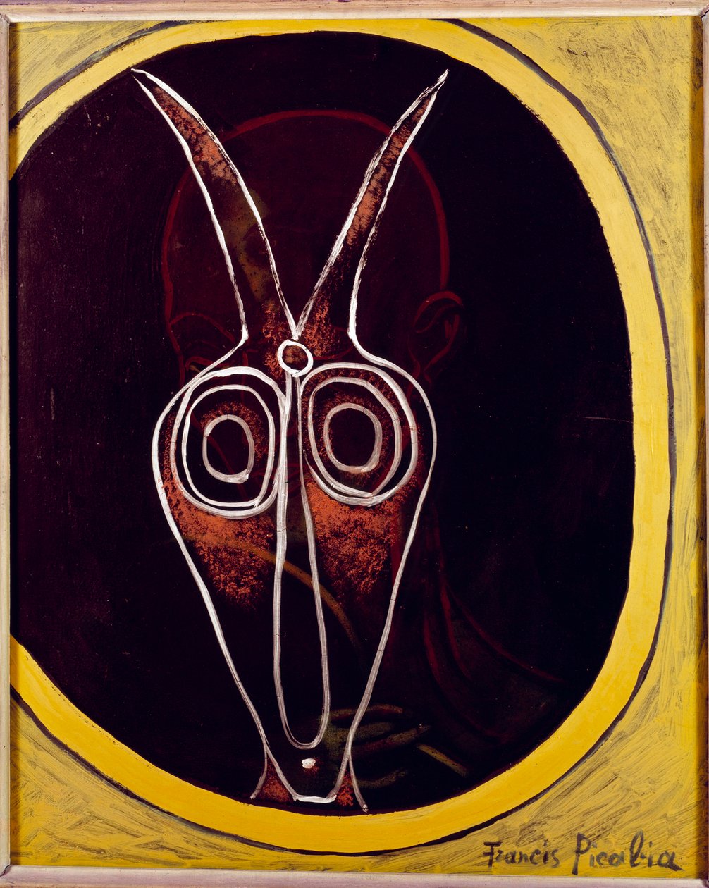 Gennemsigtighed. Menneskeansigt og dyrehoved med overlejret horn, 20. århundrede (olie på lærred) af Francis Picabia
