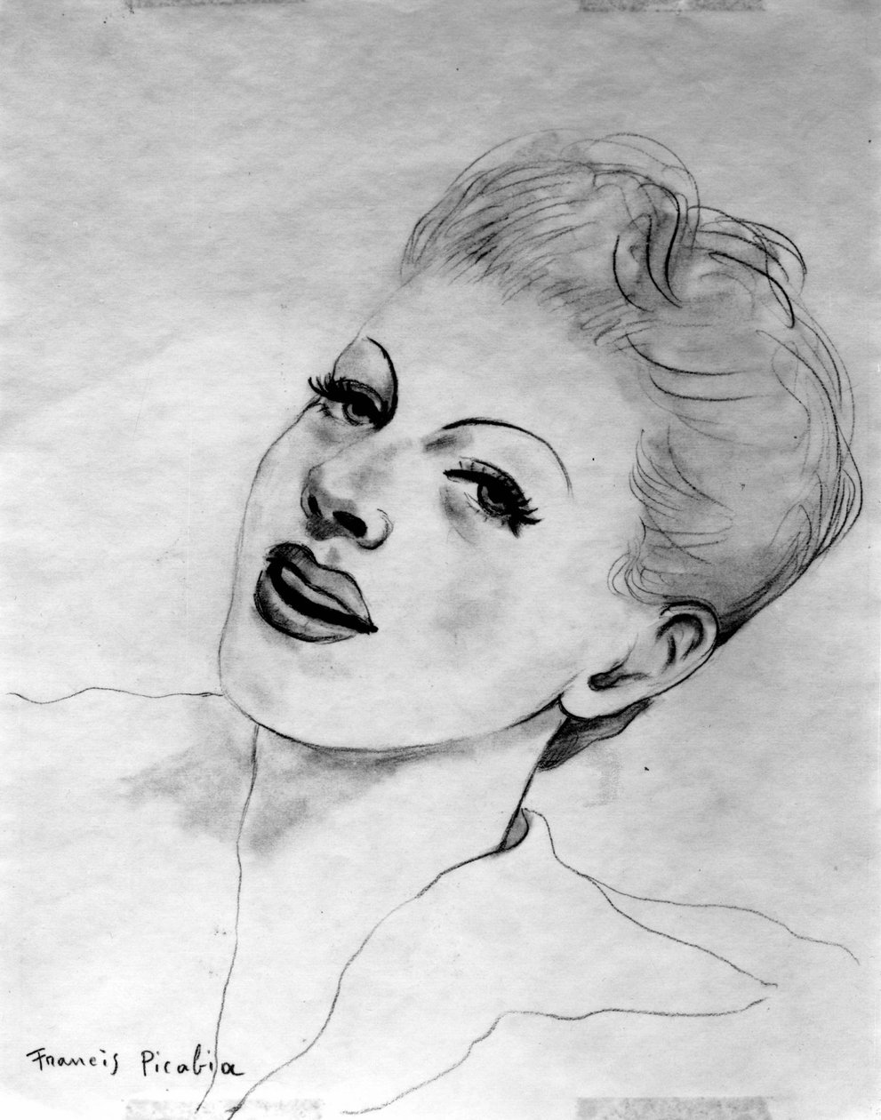 Kvindeansigt, der læner sig tilbage, af Francis Picabia (1879-1953); grafitblyant på papir. af Francis Picabia