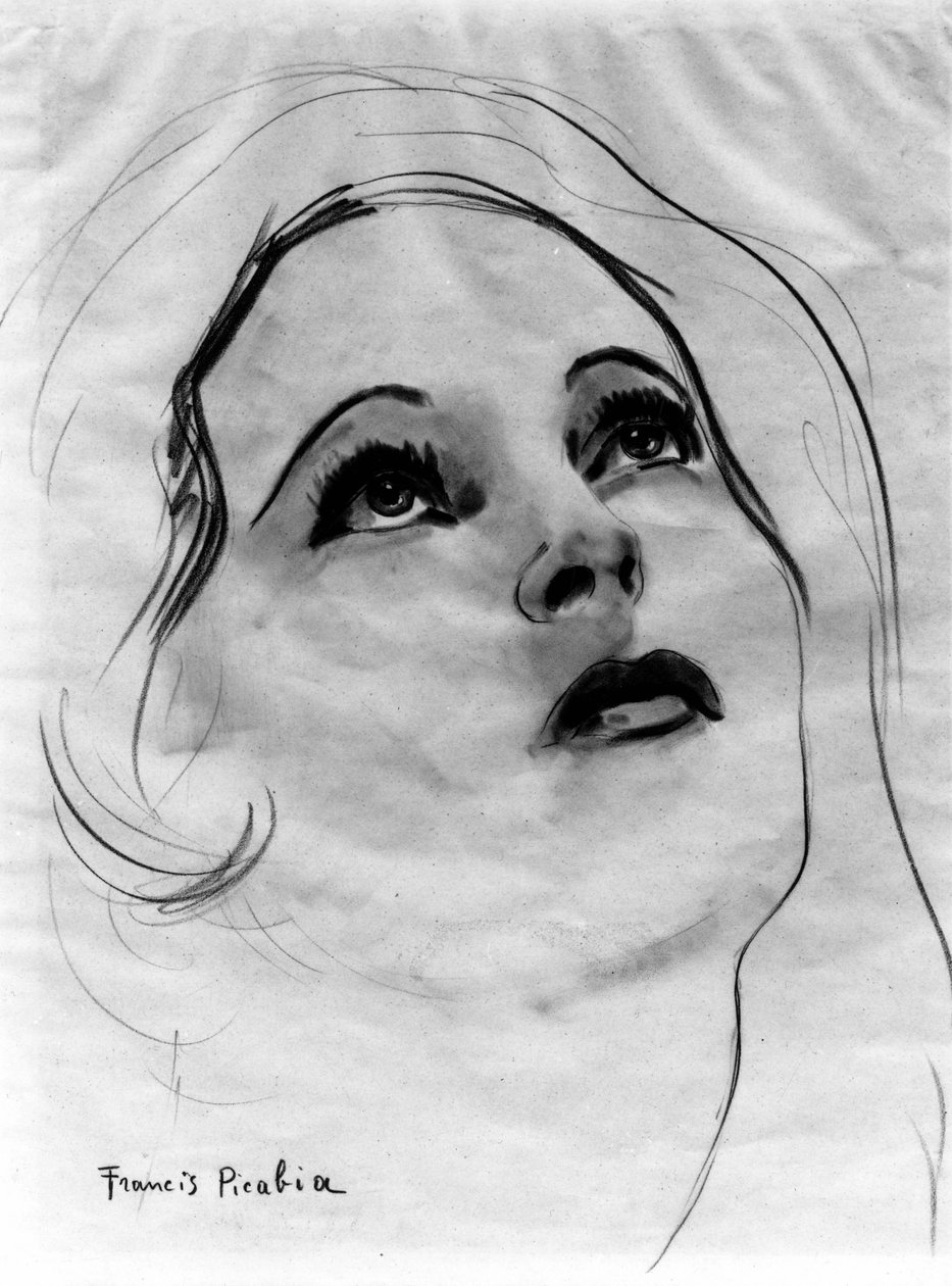 Kvindeansigt med løftede øjne, af Francis Picabia (1879-1953); grafitblyant og akvarel på papir. af Francis Picabia