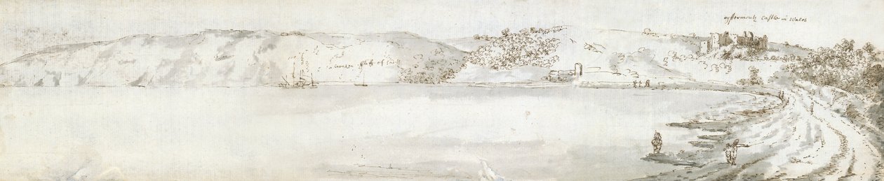 Oystermouth Castle, ca. 1678 (akvarel og brunt blæk på papir) af Francis Place