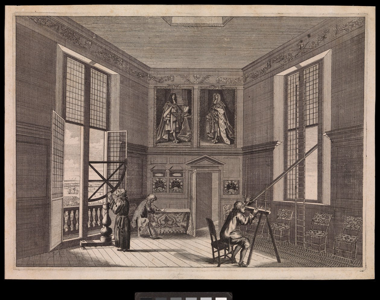 Tre figurer, der bruger astronomisk udstyr i det store stjernerum eller det ottekantede rum, som det kaldes i dag, på Det Kongelige Observatorium, ca. 1676 (kobberstik) af Francis Place