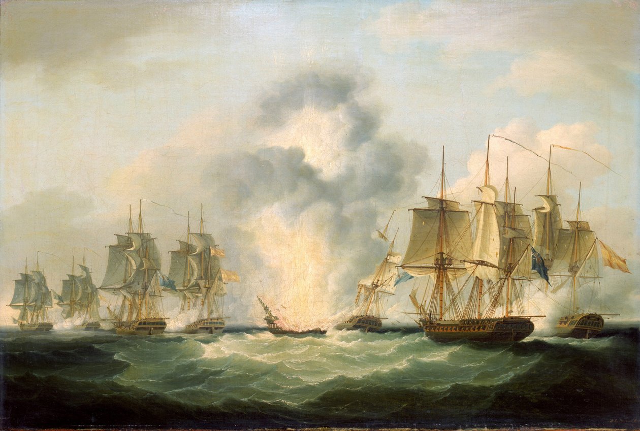 Fire britiske fregatter erobrer spanske skattetransportskibe, der skal styrke Frankrigs krigsindsats, 5. oktober. af Francis Sartorius