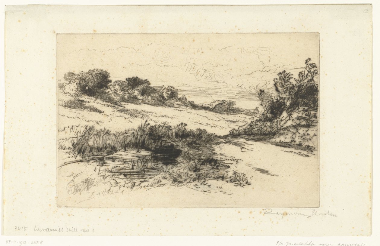 Bakket landskab ved Swanage Windmill Hill af Francis Seymour Haden (Sir) (signed by artist)