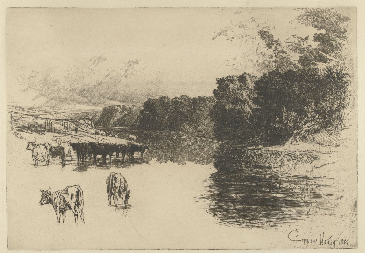 Køer ved en flod En Lancashire-flod af Francis Seymour Haden (Sir) (signed by artist)