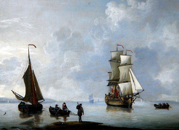 En britisk krigsmand bliver bugseret til Anker (olie på kobber) af Francis Swaine