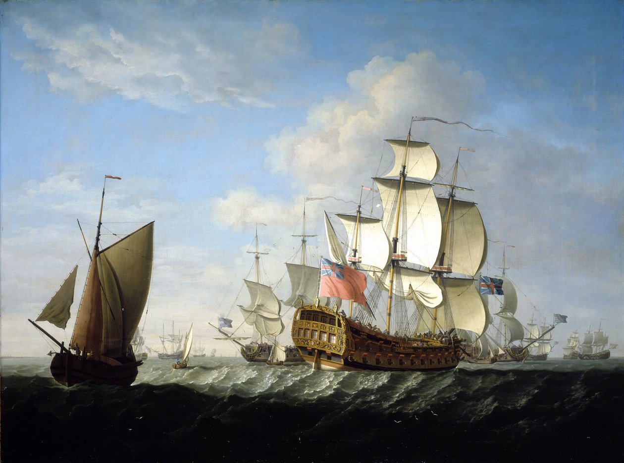En britisk eskadre fra Royal Navy til søs. Olie på lærred, omkring slutningen af 1740