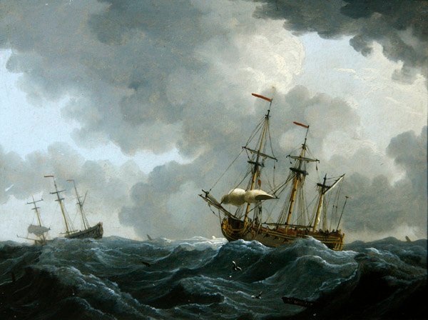 En marinesoldat: to fregatter i en kommende storm (olie på kobber) af Francis Swaine