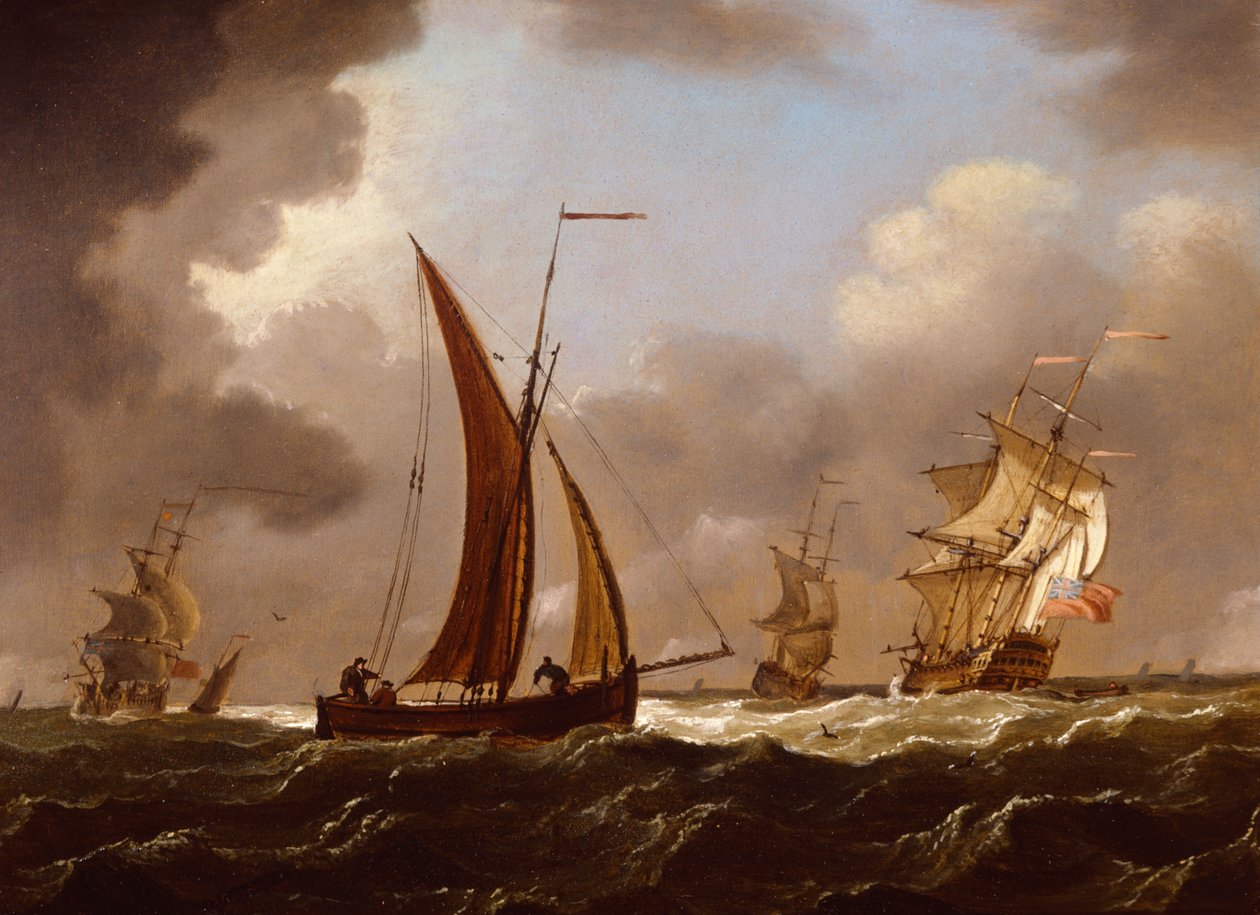 Britiske krigsmænd og fiskerbåde i en stiv brise (olie om bord) af Francis Swaine