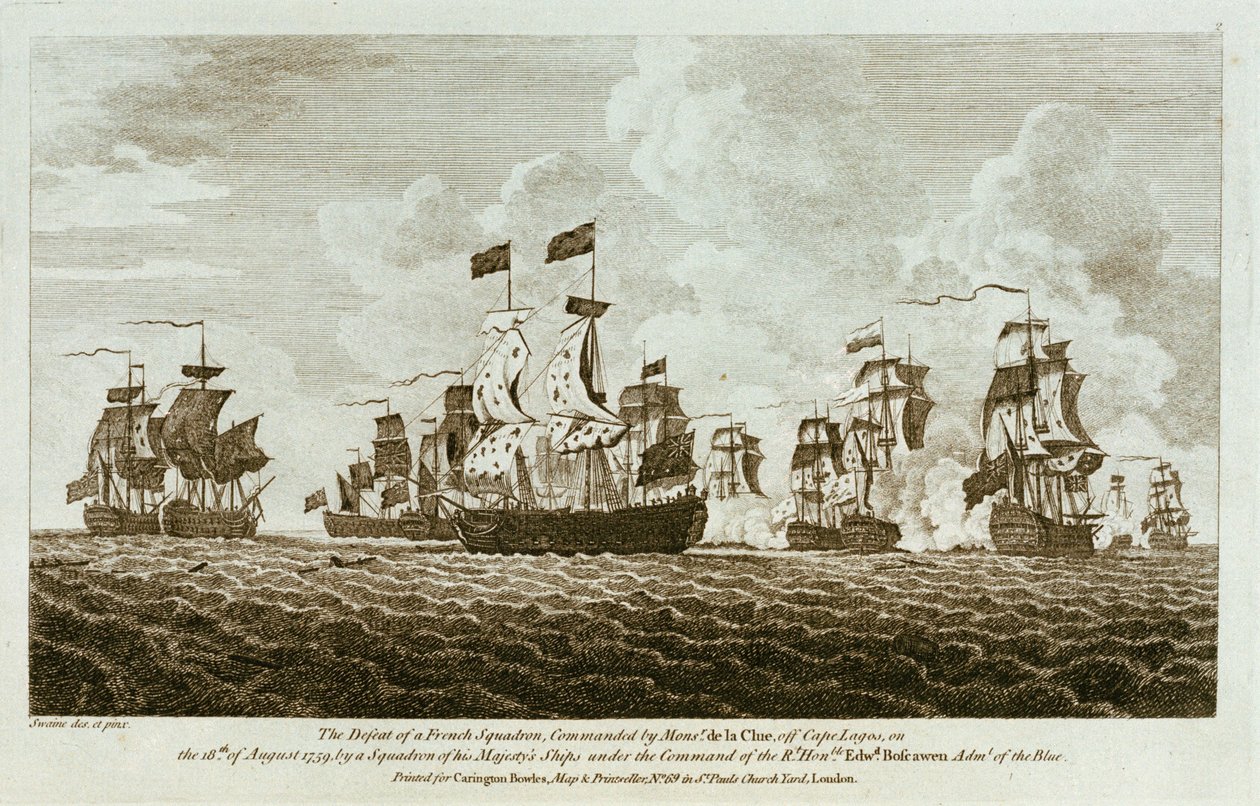 "Tolv aftryk af søslag. Nederlaget for en fransk eskadre, ledet af Monsr de la Clue, ud for Cape Lagos, den 18. august 1759, af en eskadre af hans majestæts skibe under kommando af Rt Honble Edwd. Boscawen Adml of the Blue