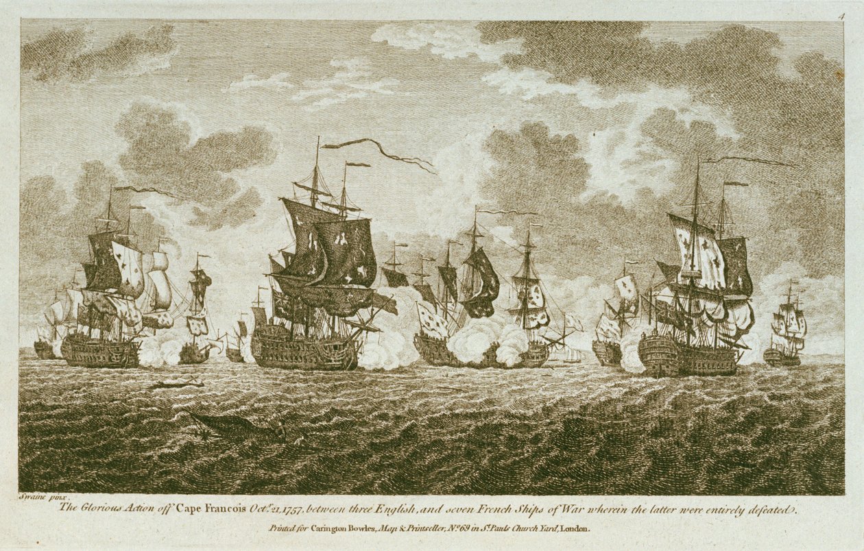 Tolv billeder af søslag. The Glorious Action off Cape Francois Octr 21 1757, between the English, and seven French ships of War wherin the latter were entirely defeated. (radering) af Francis Swaine